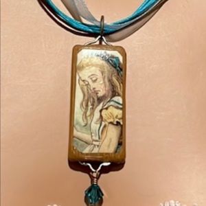 Alice in Wonderland. Ribbon necklace. Can be switched to silver/ gold chain